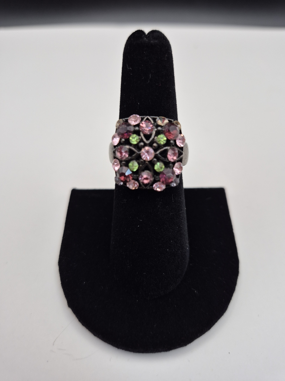 Pink & Green Crystal Floral Statement Ring